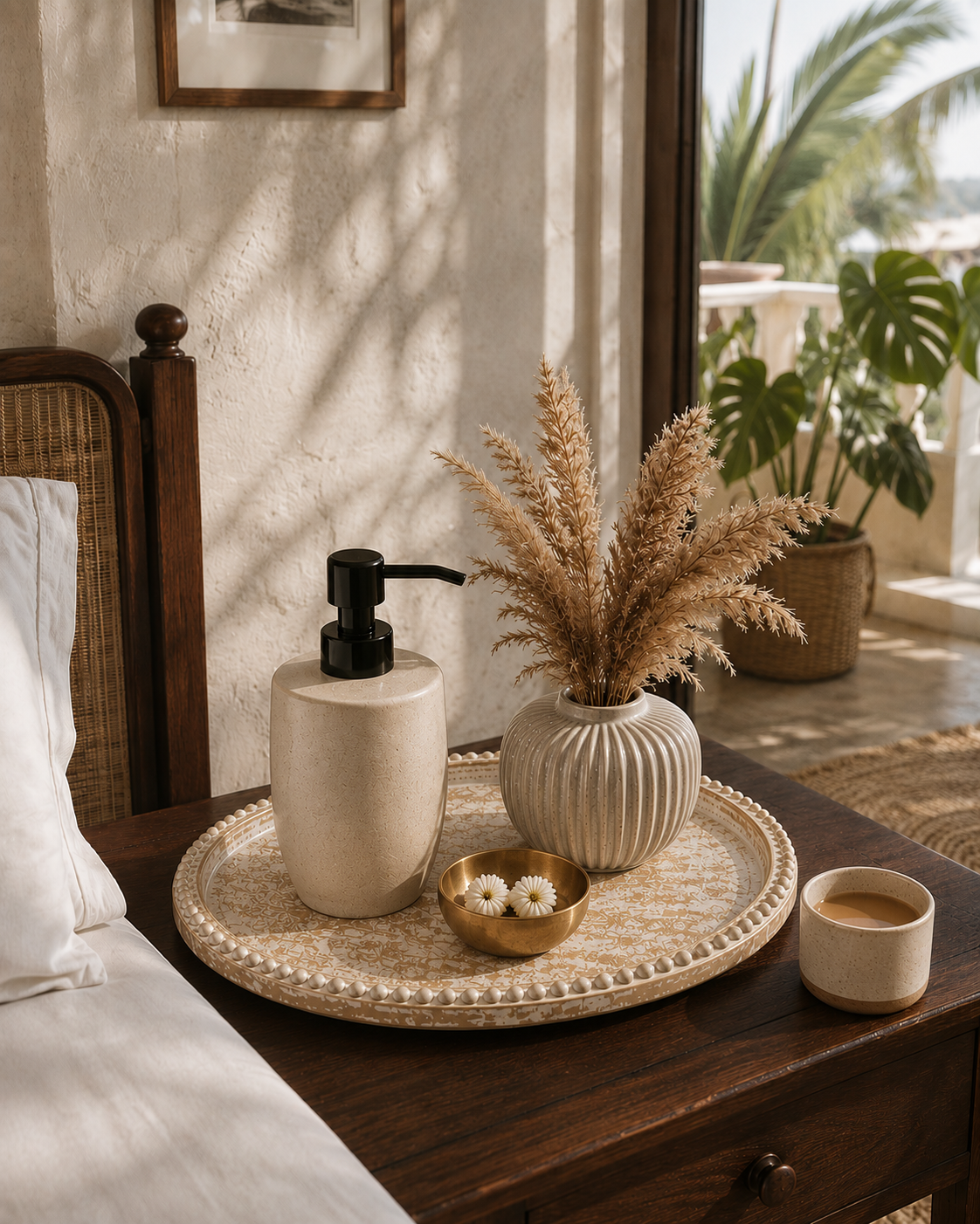Bedside tray styled in a Goa home with pampas grass