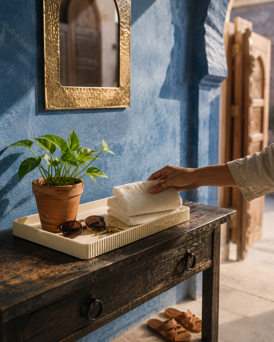 Rectangular tray on a dark wooden console against a blue wall